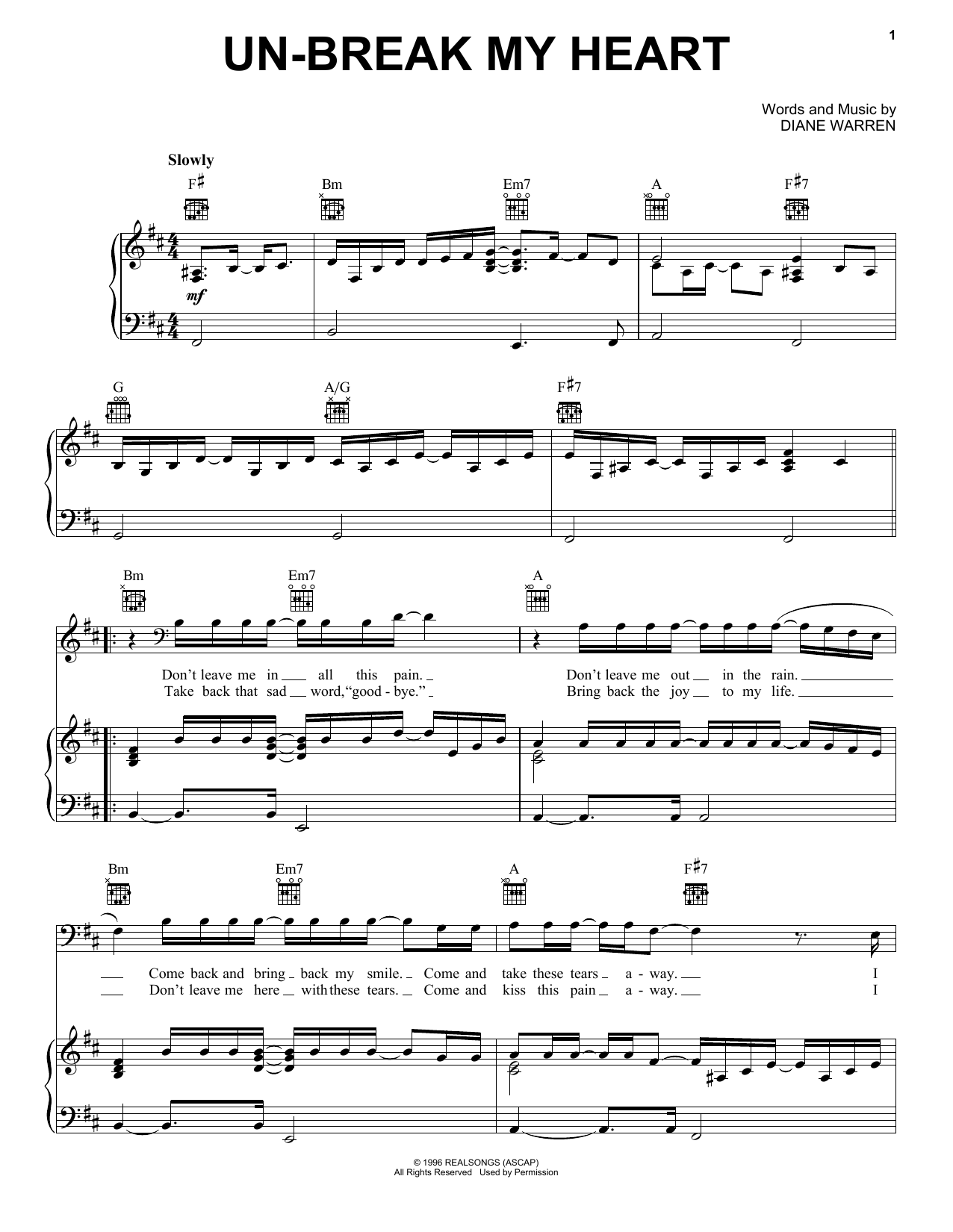 Un-break My Heart (Toni Braxton) | Sheet Music: Piano, Vocal & Guitar  Chords Right-Hand Melody | PDF Download