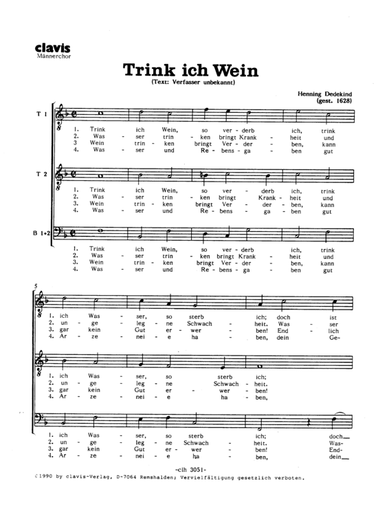 Product picture to: Trink ich Wein Henning Dedekind (Wein-und Trinklied)