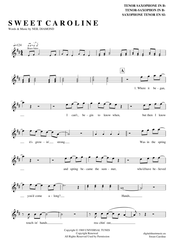 Product gallery: Page 1 of 4 Sweet Caroline , Diamond, Neil, Tenor Saxophone