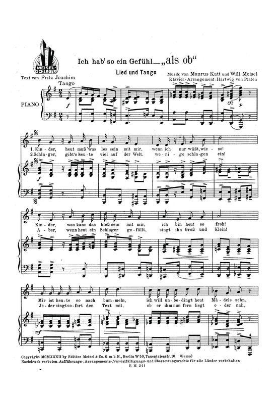 Produktbild zu: Ich hab so ein Gefühl als obLied und Tango