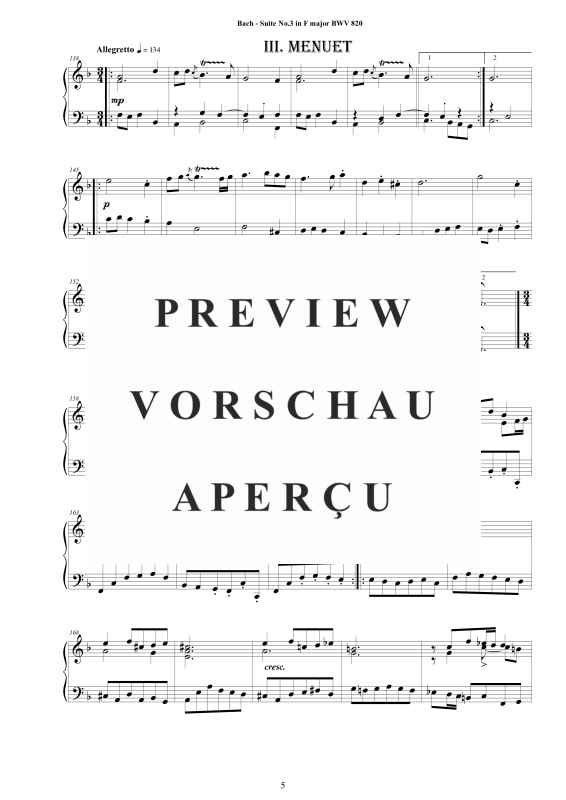 Produktgalerie: Seite 6 von 8 Piano Suite No.3 in F-Dur BWV 820 - Complete Piano Version, , Klavier Solo