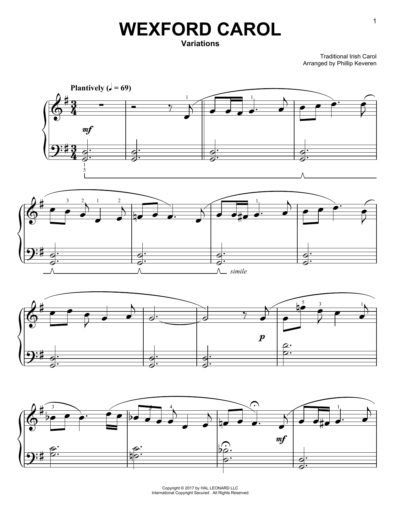 Product gallery: Page 1 of 1 Wexford Carol [Classical version] (arr. Phillip Keveren), Traditional Irish Carol