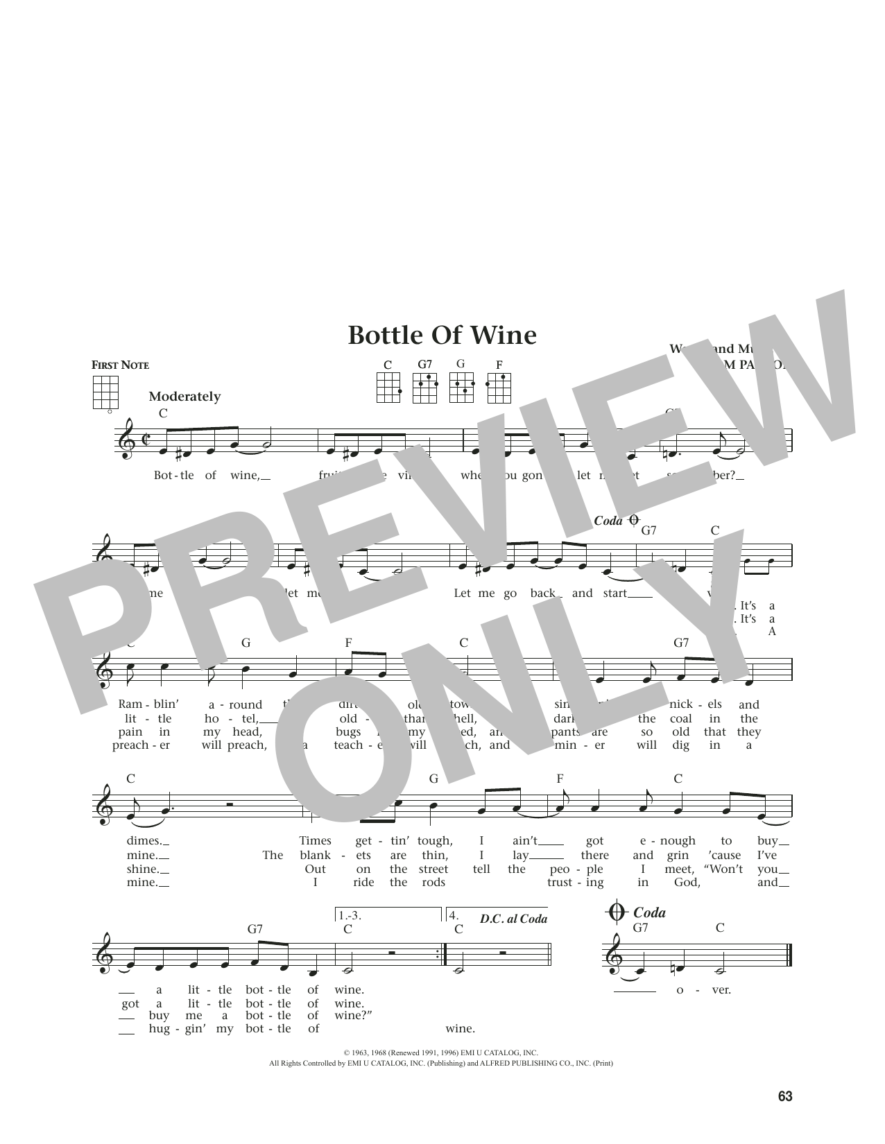 Produktgalerie: Seite 1 von 1 Bottle Of Wine (from The Daily Ukulele) (arr. Jim Beloff), Tom Paxton, Ukulele
