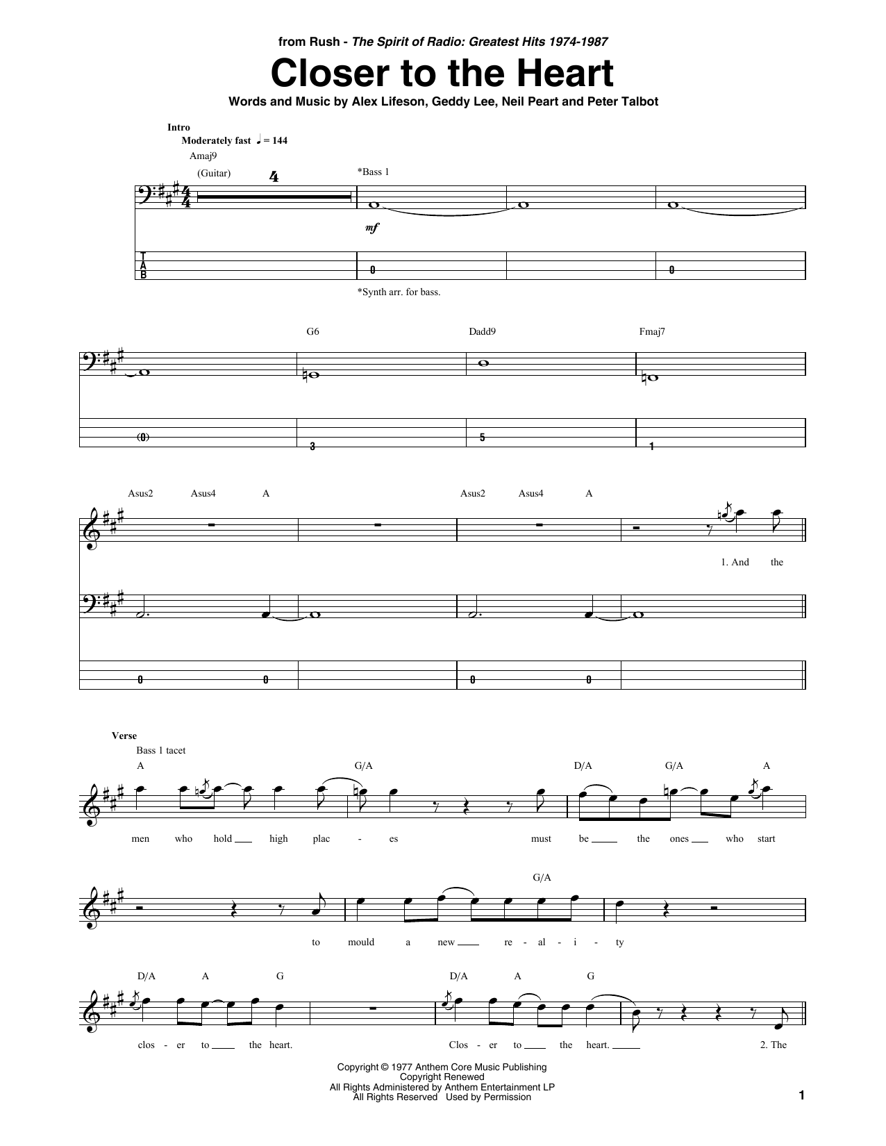 Produktgalerie: Seite 1 von 1 Closer To The Heart, Rush, E-Bass
