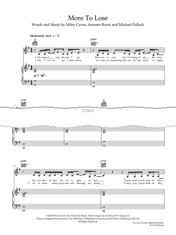 Produktgalerie: Seite 1 von 1 More To Lose, Miley Cyrus, Gesang, Gitarre, Klavier