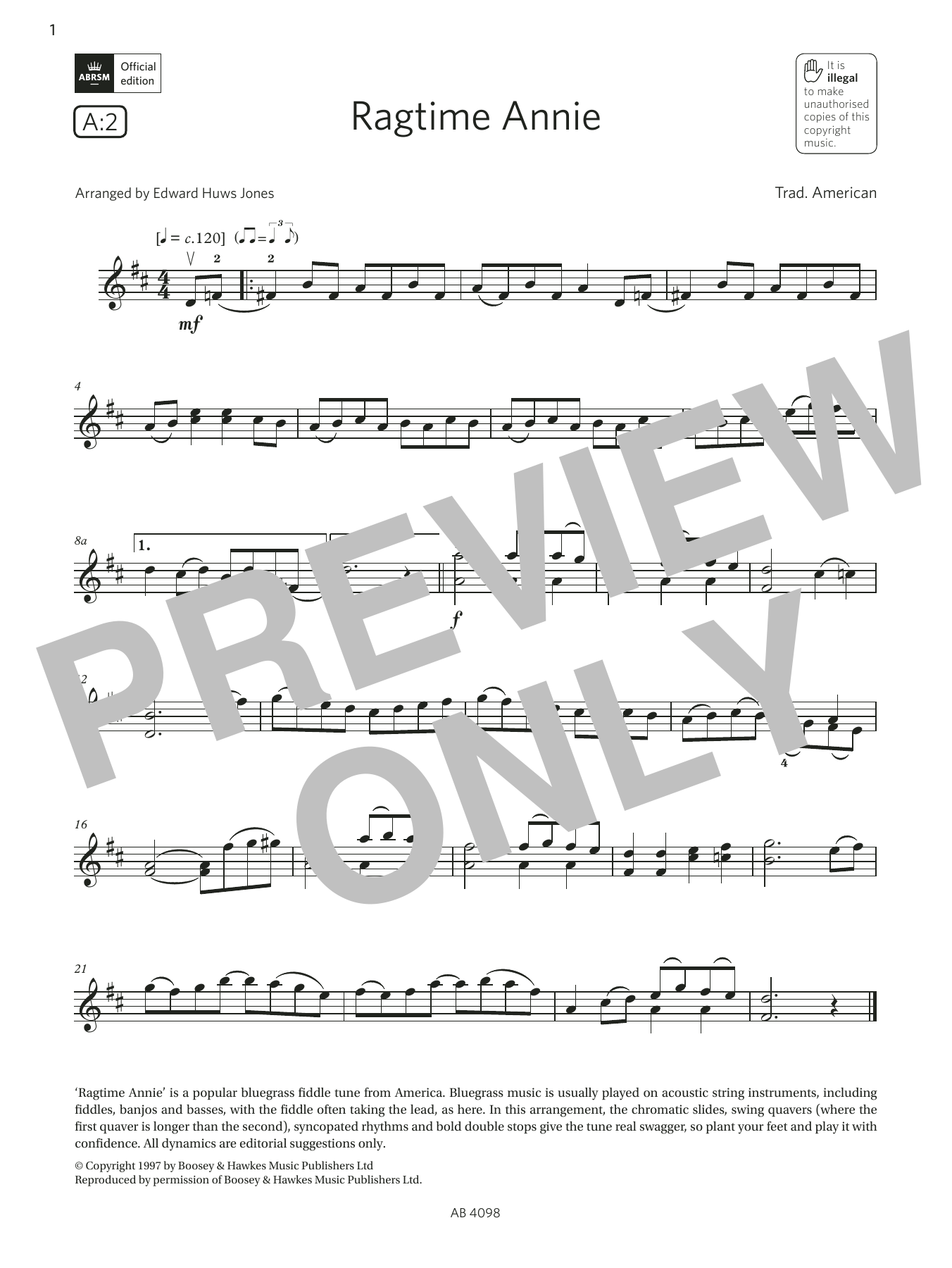 Product gallery: Page 1 of 1 Ragtime Annie (Grade 4, A2, from the ABRSM Violin Syllabus from 2024), Trad. American
