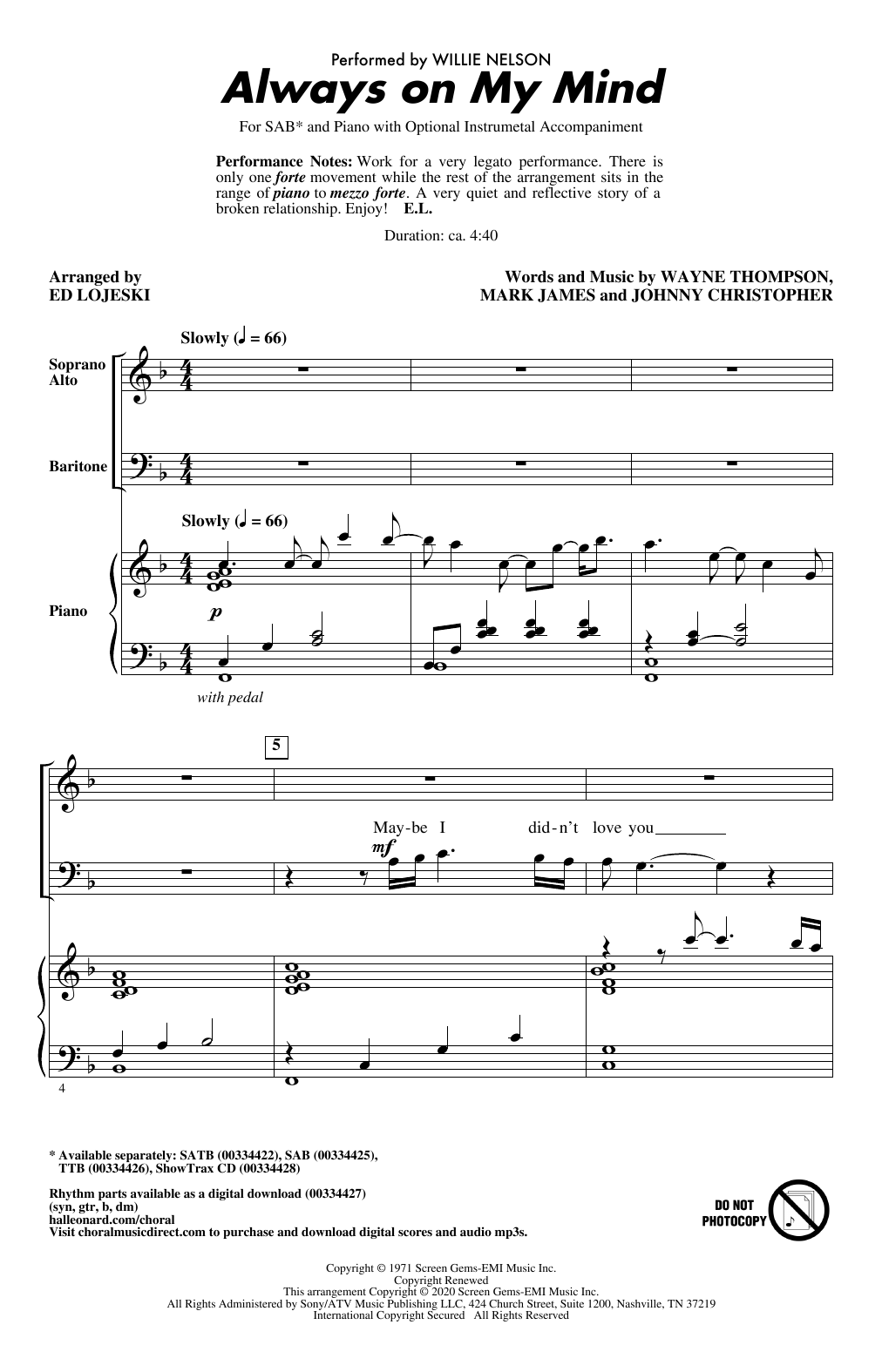 Product picture to: Always On My Mind (arr. Ed Lojeski)