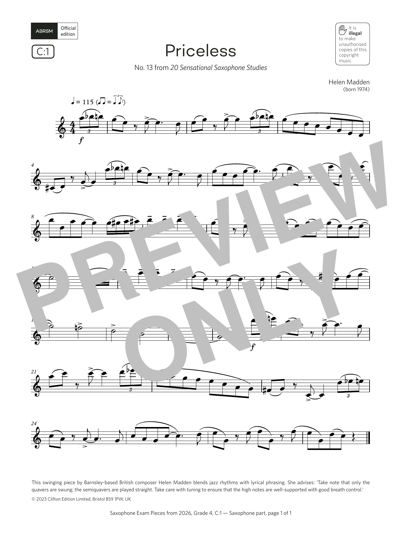 Product gallery: Page 1 of 1 Priceless (Grade 4, list C1, from the ABRSM Saxophone Syllabus from 2026), Helen Madden