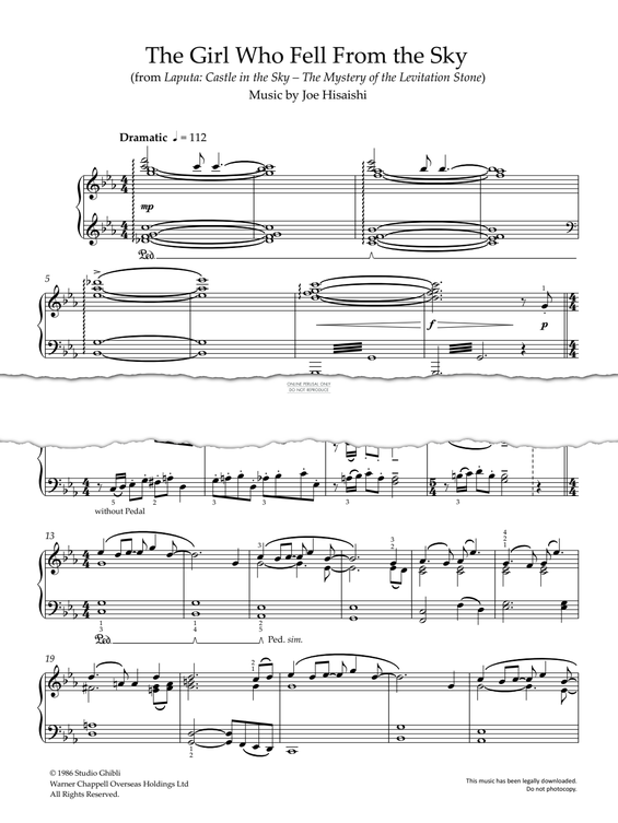 Produktgalerie: Seite 1 von 1 The Girl Who Fell From the Sky (from 'Laputa: Castle in the Sky - The Mystery of the Levitation Stone'), Joe Hisaishi, Klavier