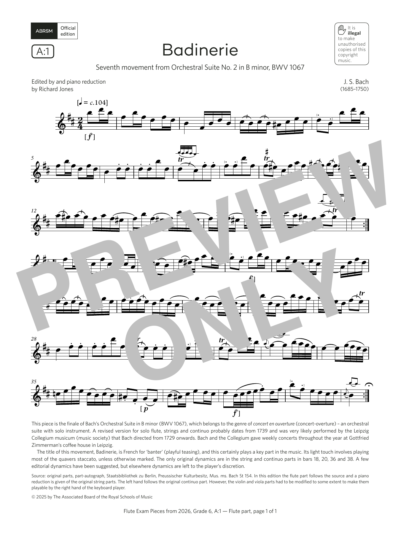 Product gallery: Page 1 of 1 Badinerie (Grade 6, list A1, from the ABRSM Flute Syllabus from 2026), Johann Sebastian Bach