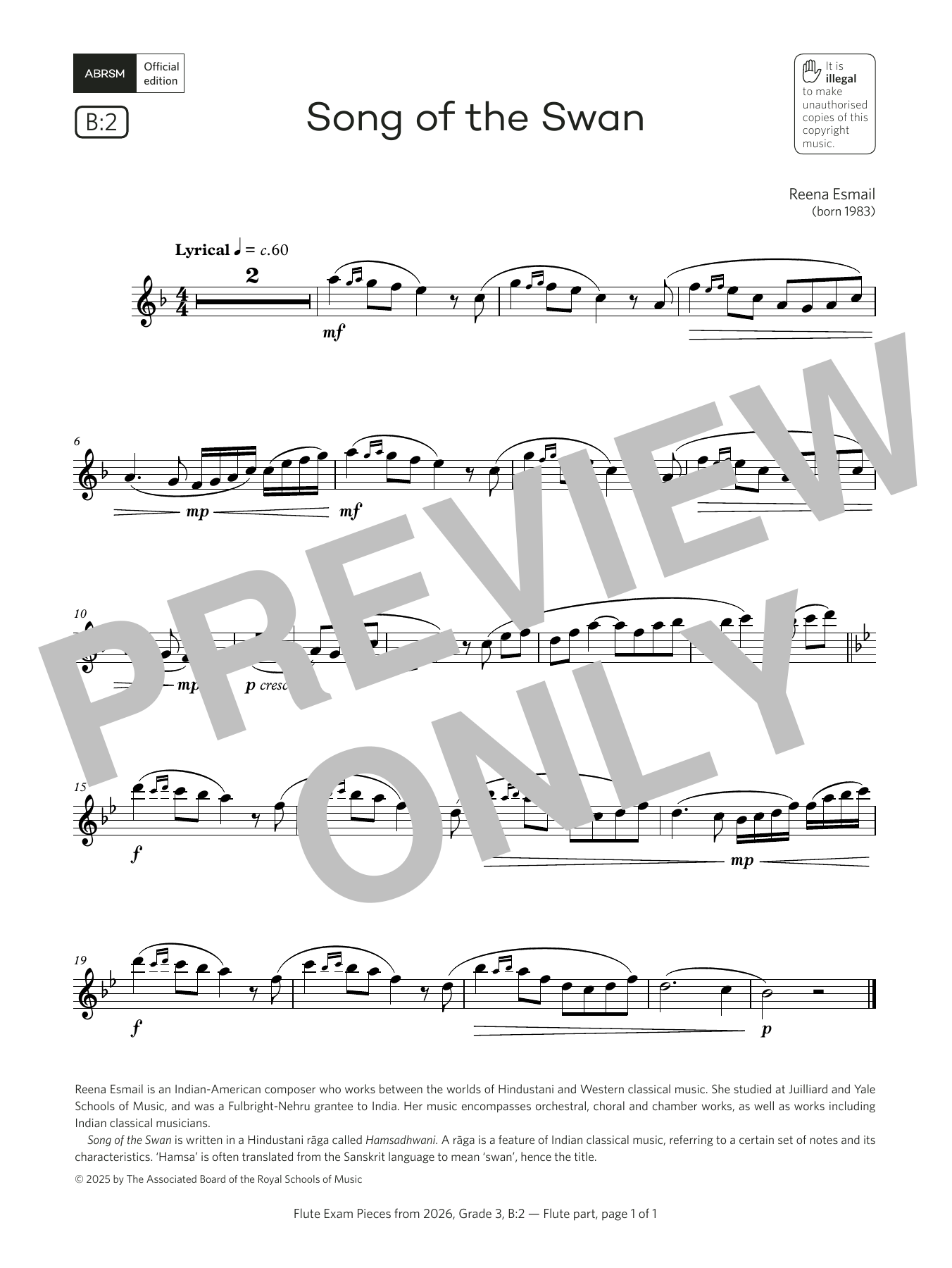 Product gallery: Page 1 of 1 Song of the Swan (Grade 3, list B2, from the ABRSM Flute Syllabus from 2026), Reena Esmail