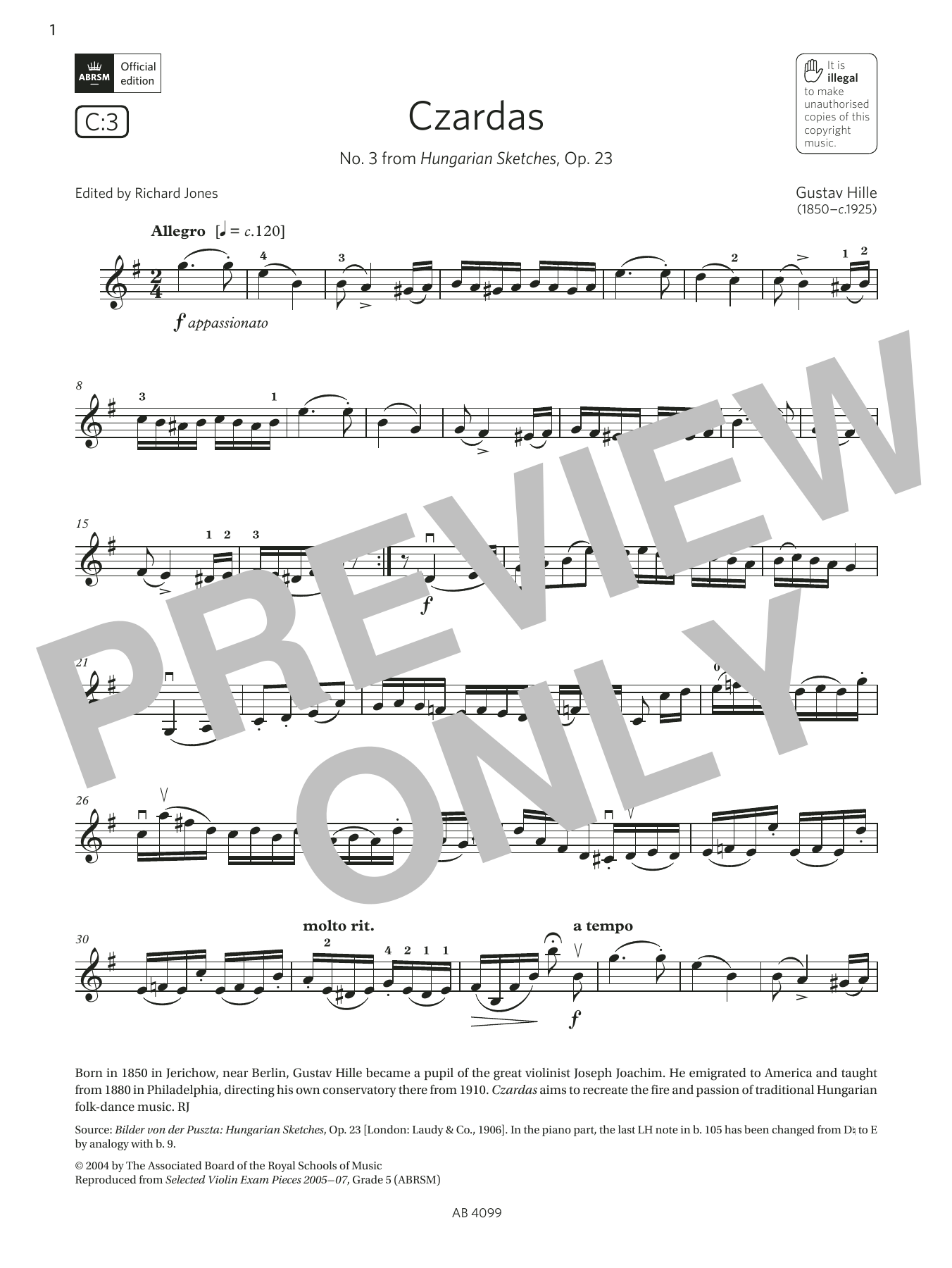 Product gallery: Page 1 of 1 Czardas (Grade 5, C3, from the ABRSM Violin Syllabus from 2024), Gustav Hille