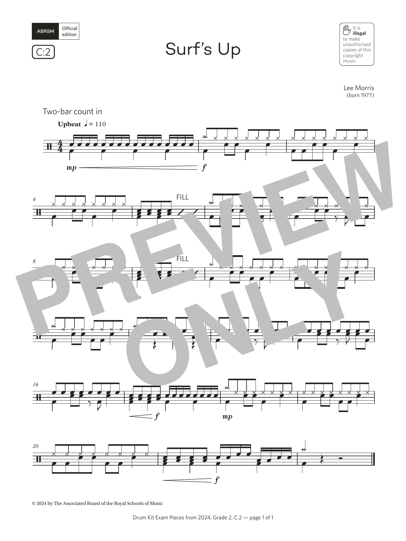 Product gallery: Page 1 of 1 Surf's Up (Grade 2, list C2, from the ABRSM Drum Kit Syllabus 2024), Lee Morris