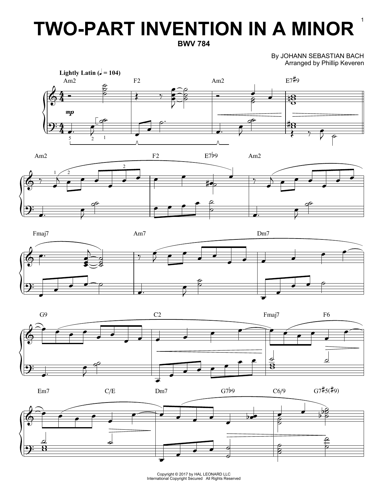 Produktgalerie: Seite 1 von 1 Two-Part Invention In A Minor, BWV 784 [Jazz version] (arr. Phillip Keveren), Johann Sebastian Bach, Klavier