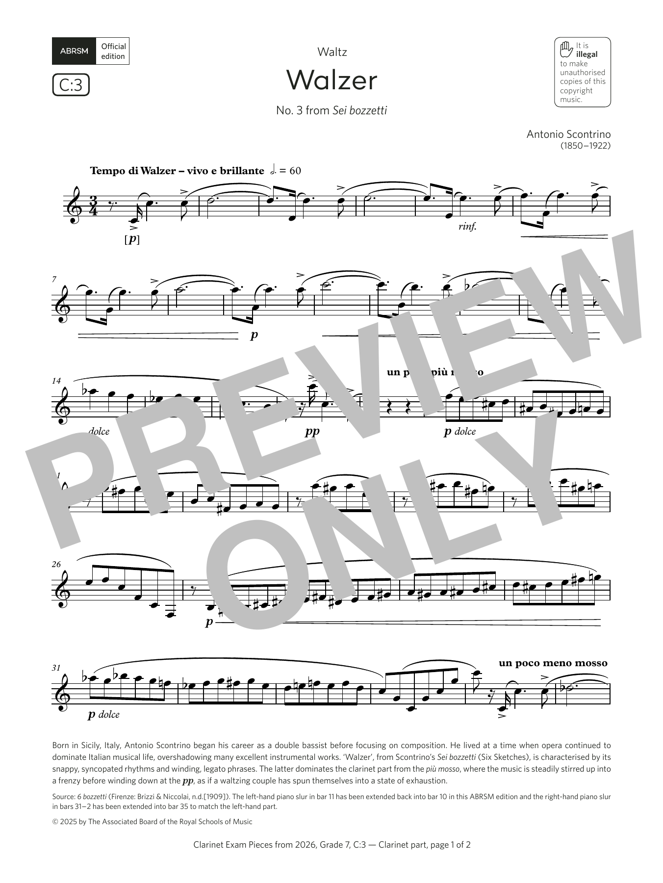 Product gallery: Page 1 of 1 Walzer (Grade 7, list C3, from the ABRSM Clarinet Syllabus from 2026), Antonio Scontrino
