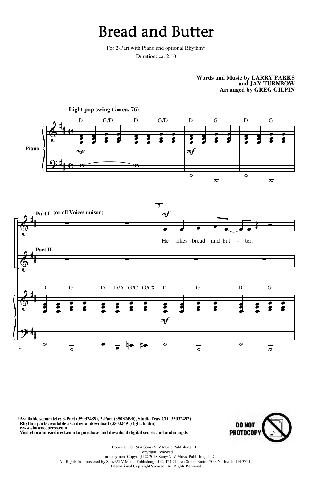 Product gallery: Page 1 of 1 Bread And Butter (arr. Greg Gilpin), Larry Parks & Jay Turnbow