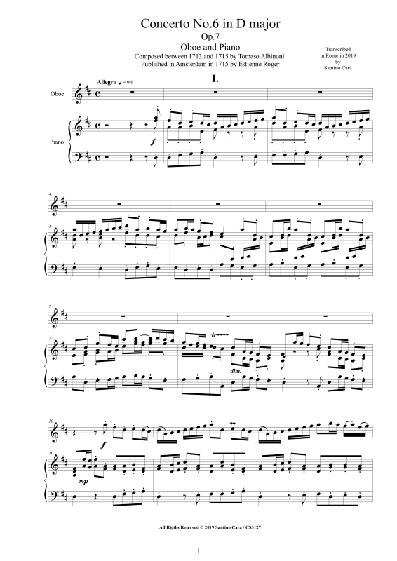 Product picture to: Oboe Concerto No.6 in D-Dur Op.7Tomaso Albinoni