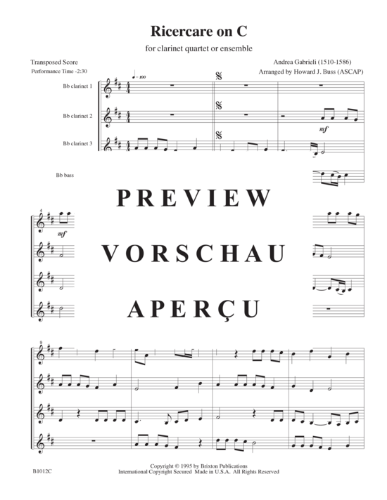 Produktgalerie: Seite 4 von 11 Ricercare on C, , (4 Klarinetten (3 Klarinetten in B und eine Bassklarinette))