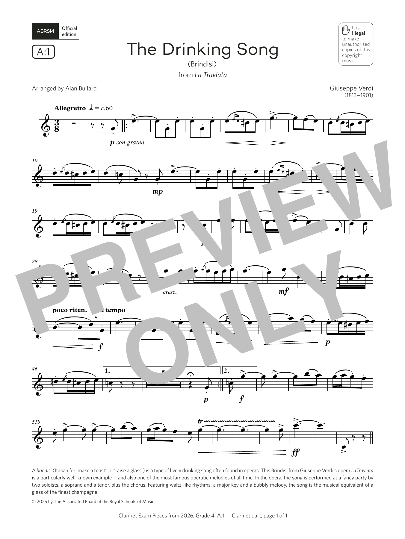Product gallery: Page 1 of 1 The Drinking Song (Grade 4, list A1, from the ABRSM Clarinet Syllabus from 2026), Giuseppe Verdi