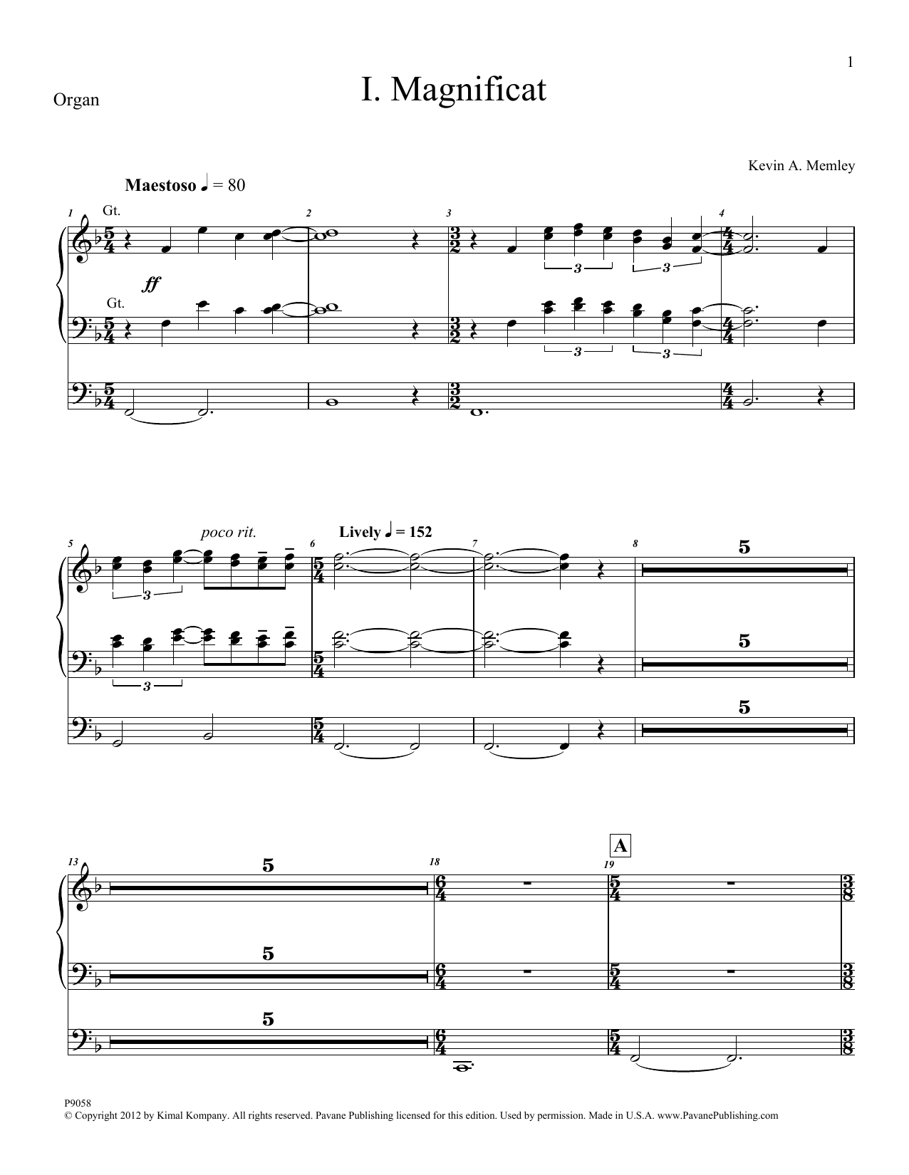 Product gallery: Page 1 of 1 Magnificat (Brass and Percussion) (Parts) - Organ, Kevin Memley