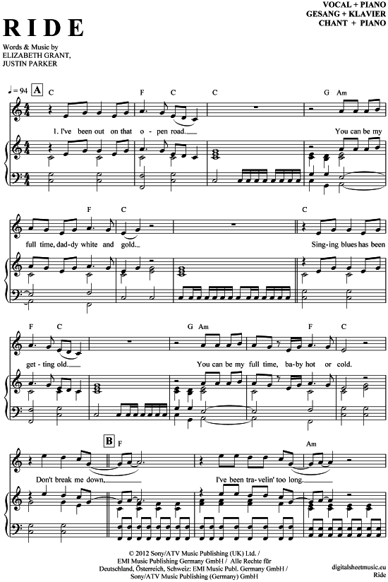 Ride (Lana del Rey) | Sheet Music: Piano and Voice | PDF Download