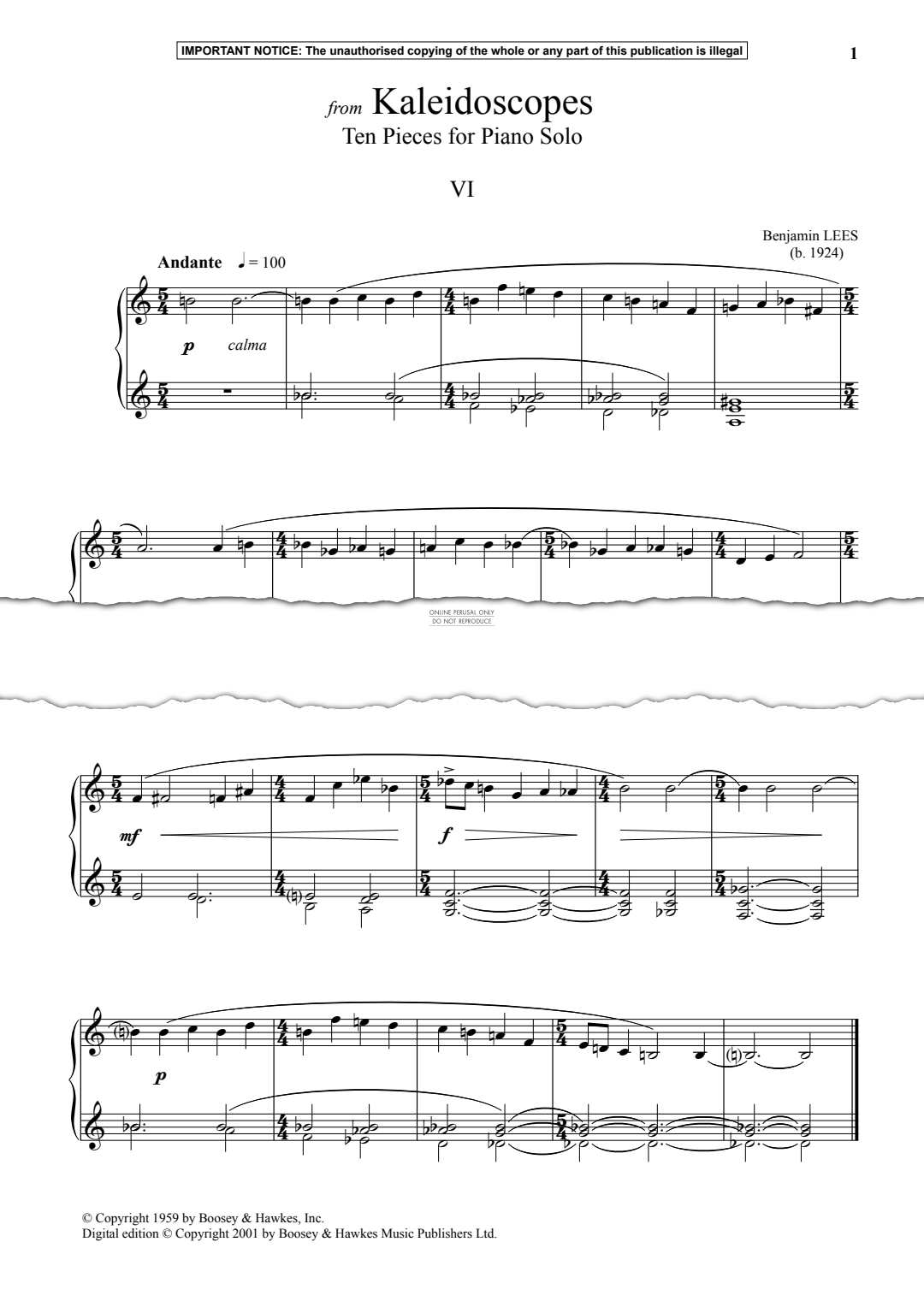 Produktgalerie: Seite 1 von 1 VI from Kaleidoscopes, Ten Pieces for Piano Solo, Benjamin Lees, Klavier