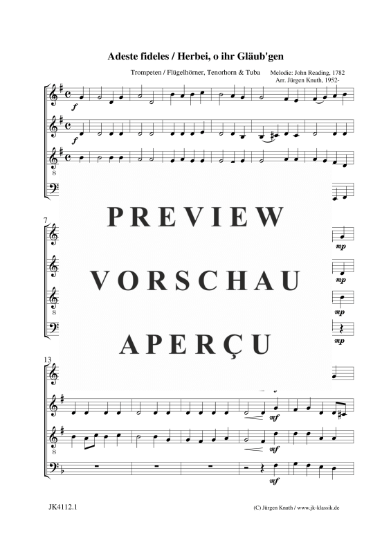 gallery: Adeste fideles / Herbei, o ihr Gläub´gen, , Blechbläser Quartett 2x Trompete/Flügelhorn in B, Tenorhorn und Tuba
