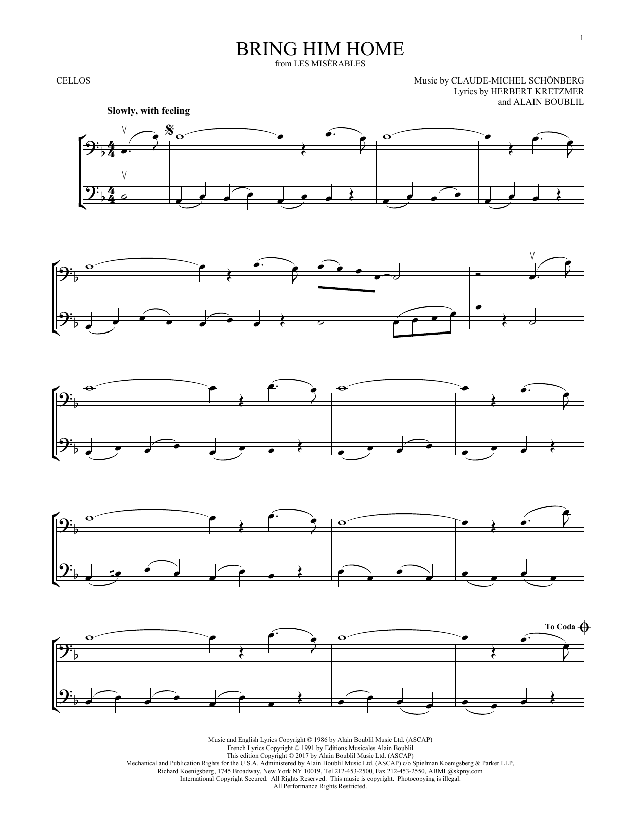 Produktgalerie: Seite 1 von 1 Bring Him Home, Claude-Michel Schonberg, Violoncello