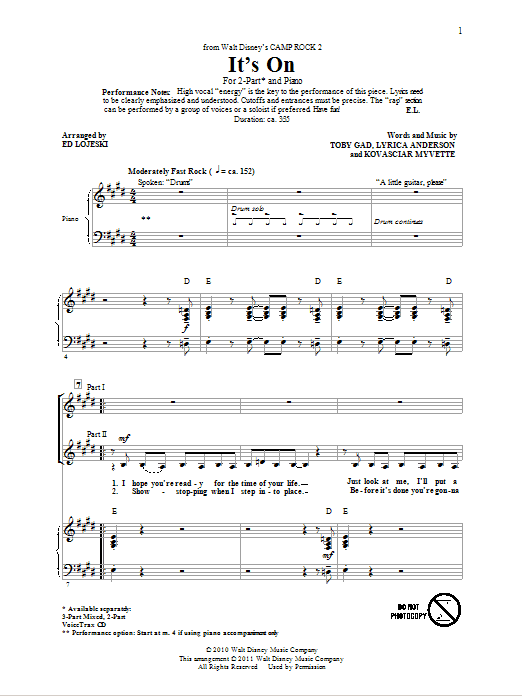 Product picture to: It's On (from Camp Rock 2) (arr. Ed Lojeski)