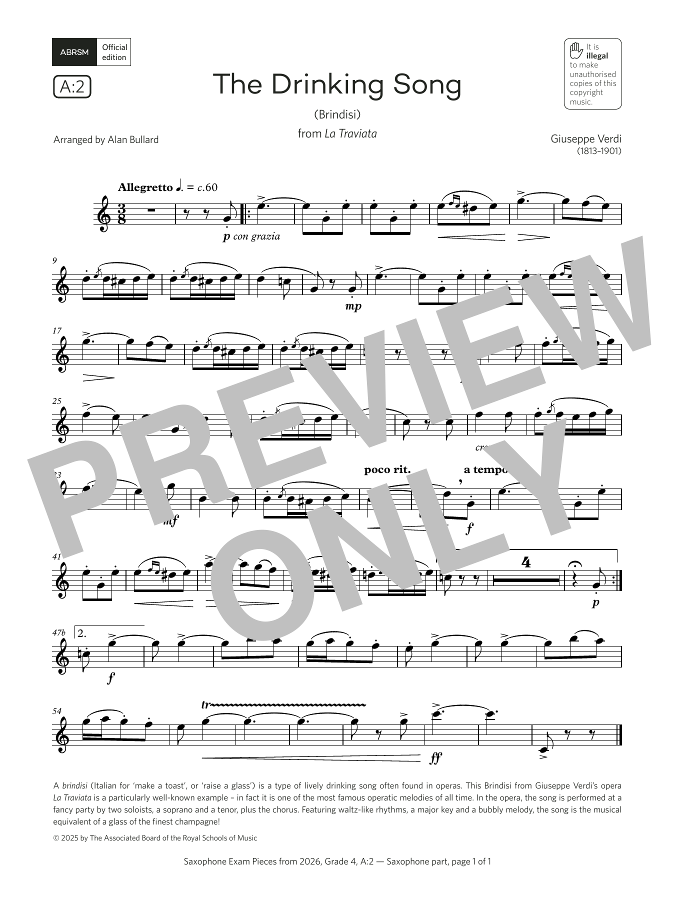 Product gallery: Page 1 of 1 The Drinking Song (Grade 4, list A2, from the ABRSM Saxophone Syllabus from 2026), Giuseppe Verdi