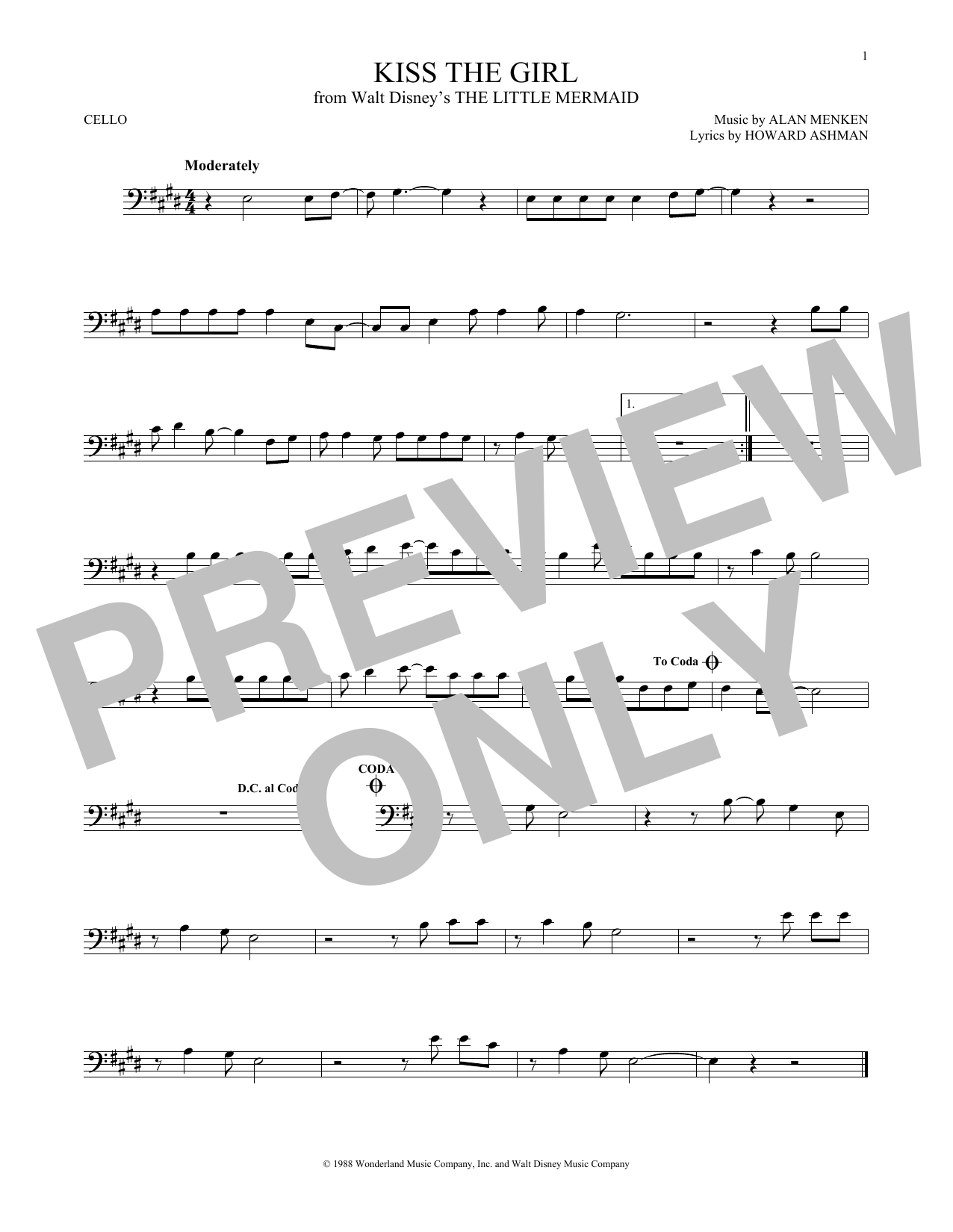 Produktgalerie: Seite 1 von 1 Kiss The Girl (from The Little Mermaid), Alan Menken & Howard Ashman, Violoncello