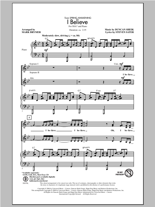 Produktgalerie: Seite 1 von 1 I Believe (from Spring Awakening), Mark Brymer, Chor