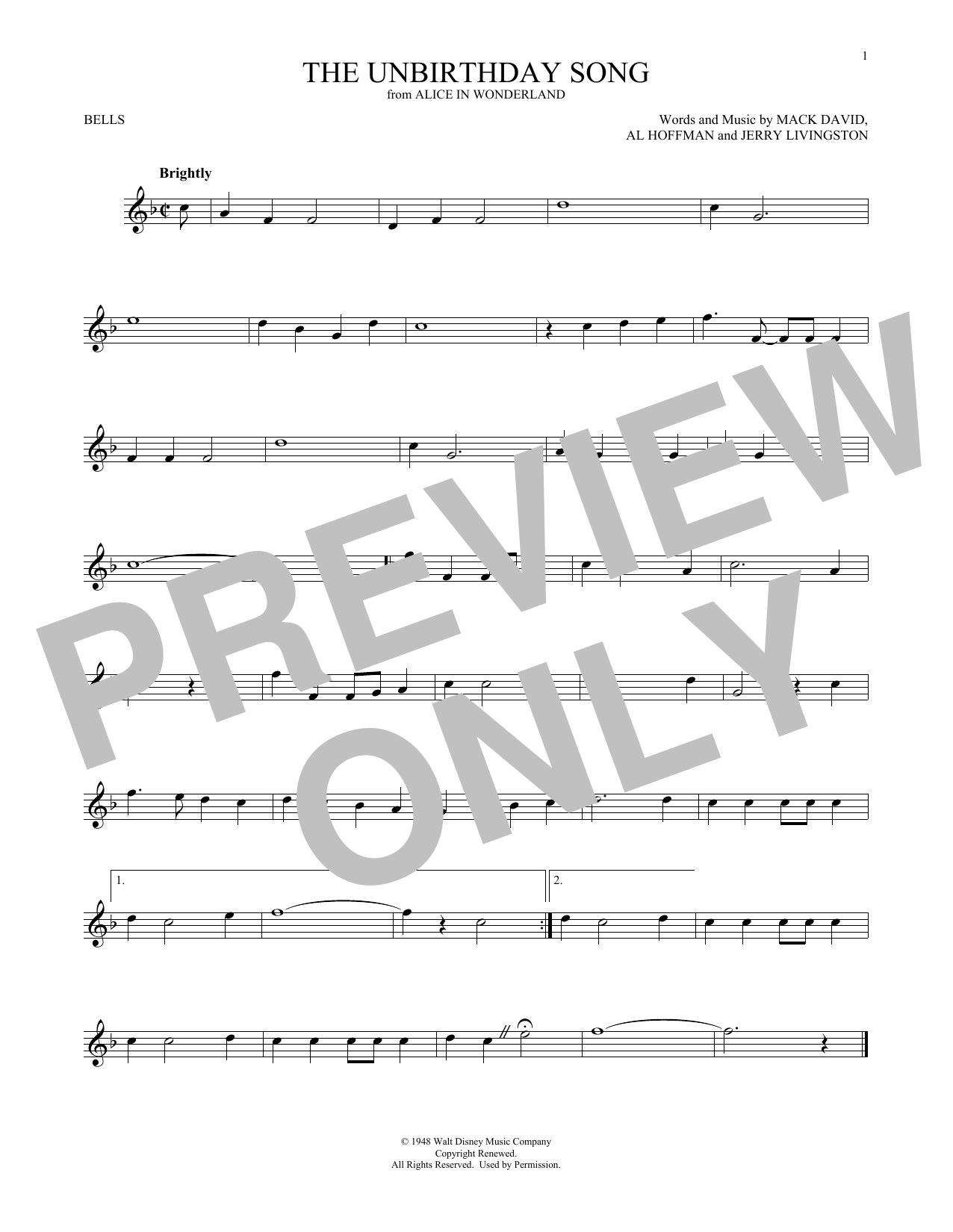 Produktgalerie: Seite 1 von 1 The Unbirthday Song (from Alice In Wonderland), Mack David, Al Hoffman and Jerry Livingston, Percussion