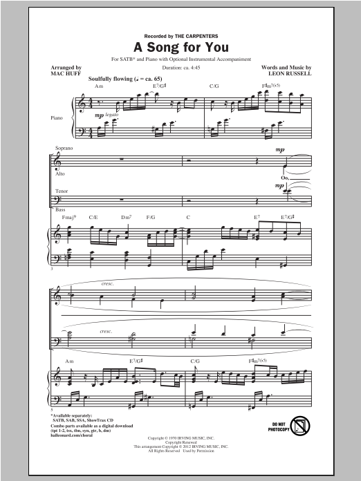 Produktgalerie: Seite 1 von 1 A Song For You (arr. Mac Huff), The Carpenters, Chor
