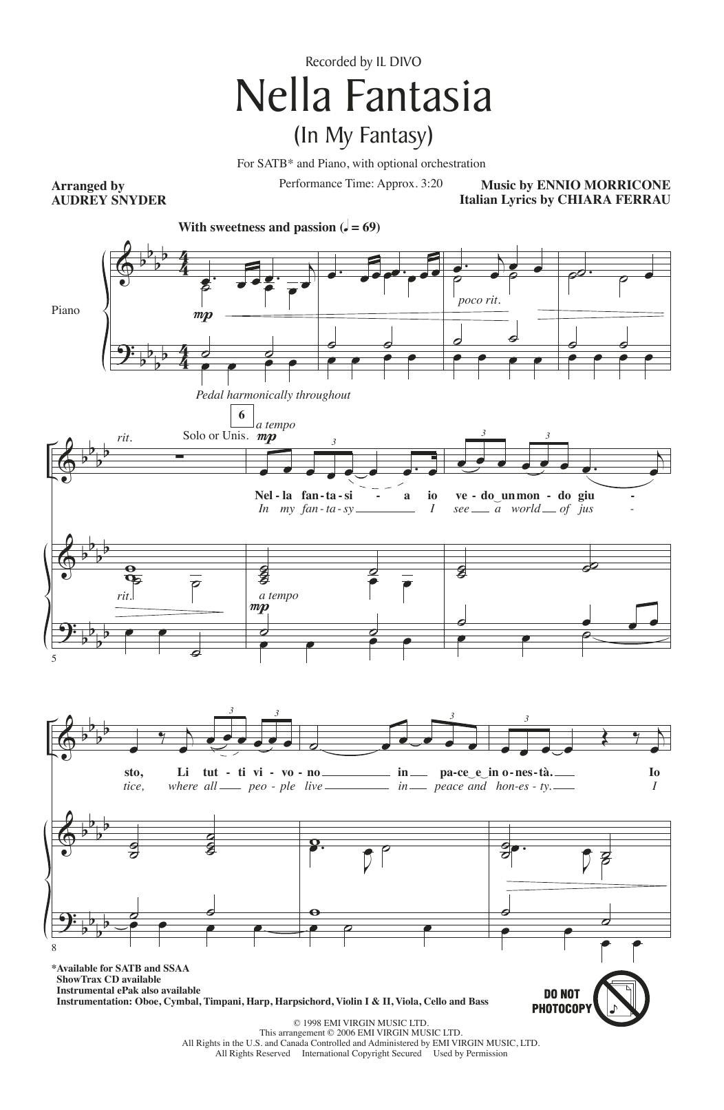 Produktbild zu: Nella Fantasia (In My Fantasy) (arr. Audrey Snyder)