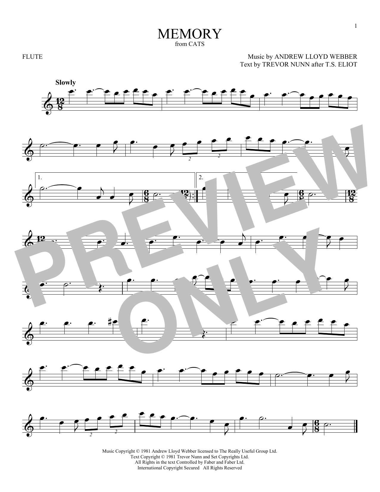 Memory (from Cats) (Andrew Lloyd Webber) | Sheet Music: Flute Solo ...