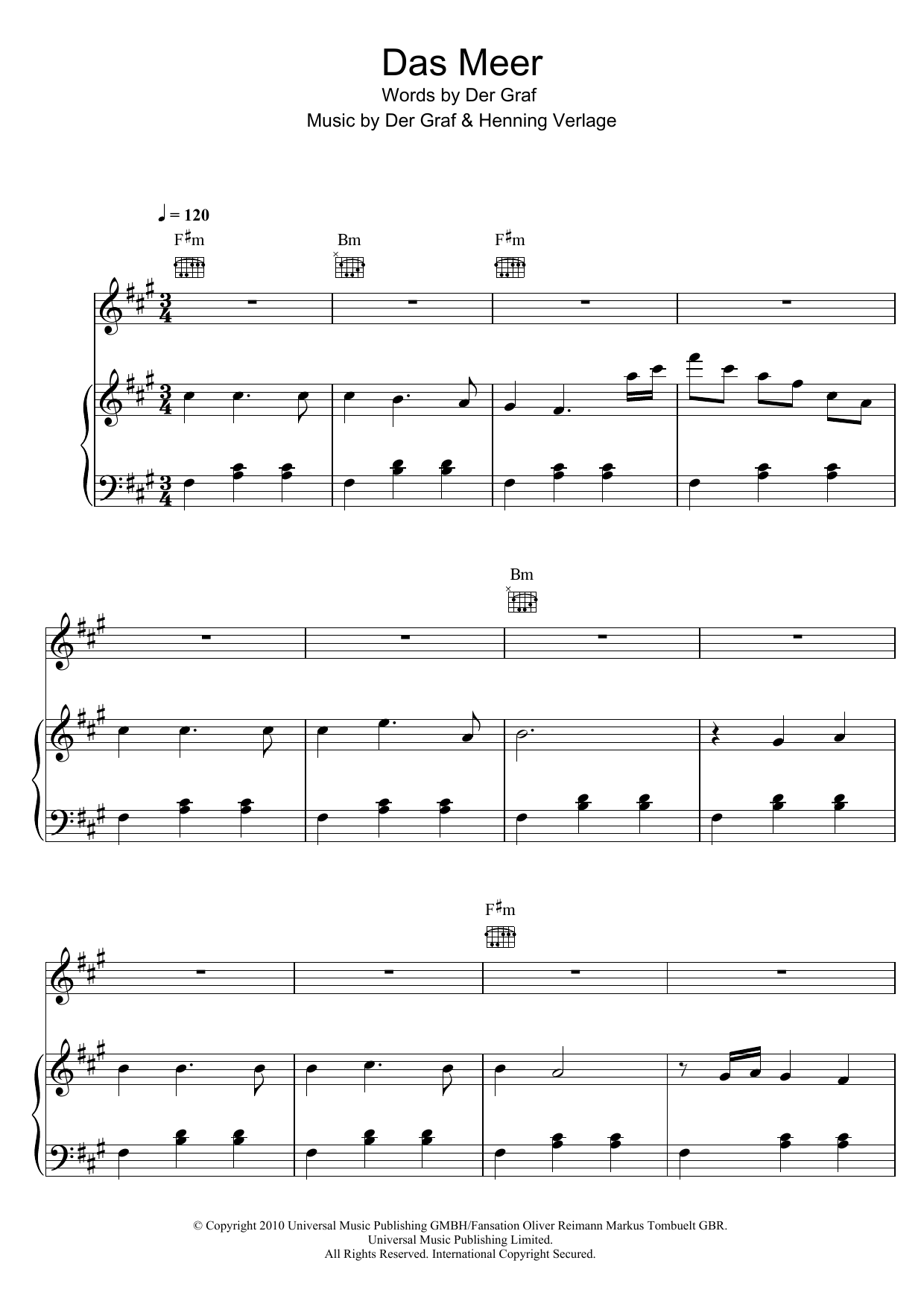 Das Meer (Unheilig) | Sheet Music: Piano, Vocal & Guitar Chords | PDF ...