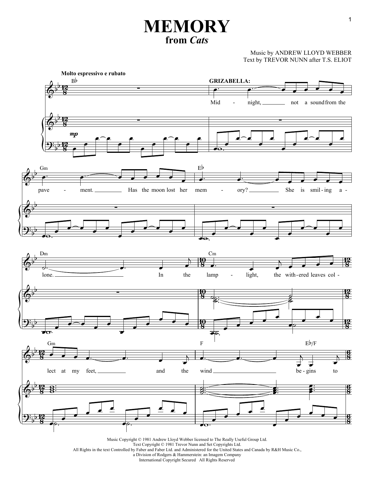 Memory (from Cats) (Andrew Lloyd Webber) | Sheet Music: Piano & Vocal ...