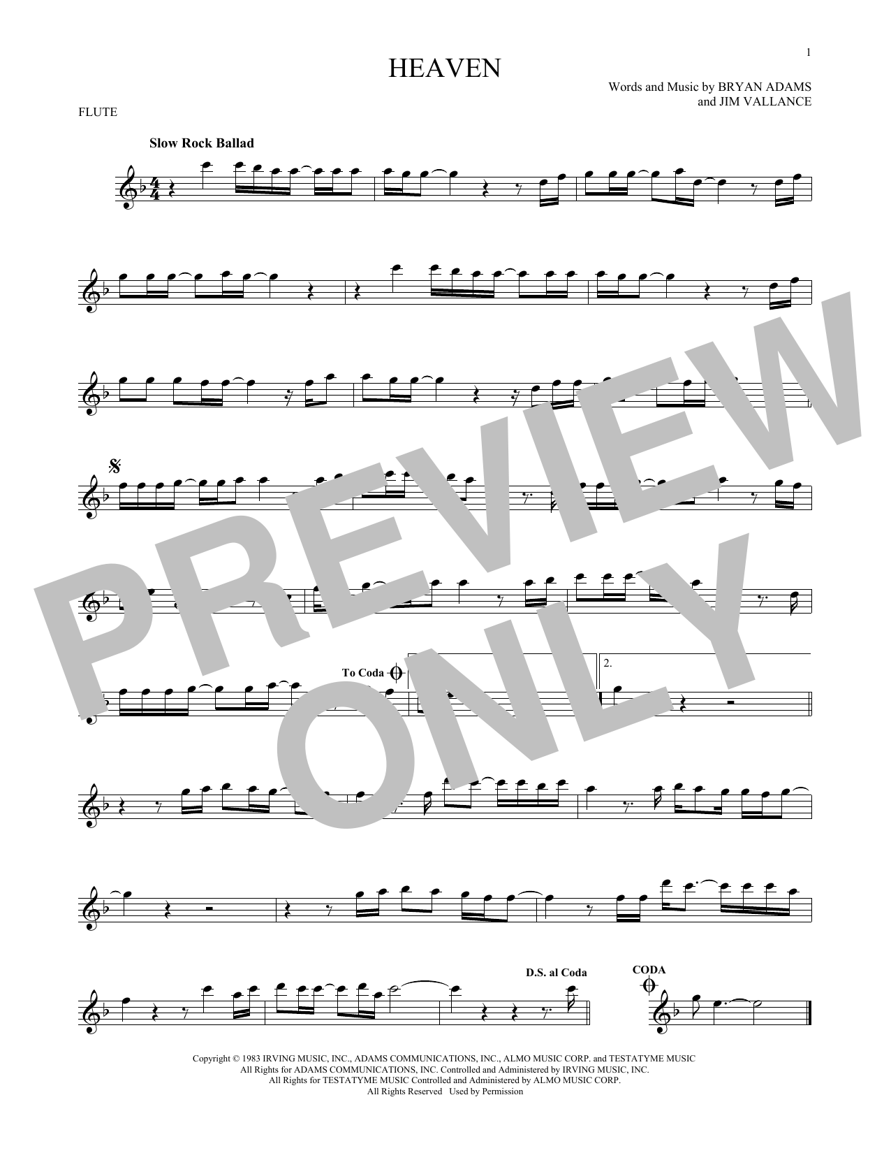 Heaven (Bryan Adams) | Sheet Music: Flute Solo | PDF Download