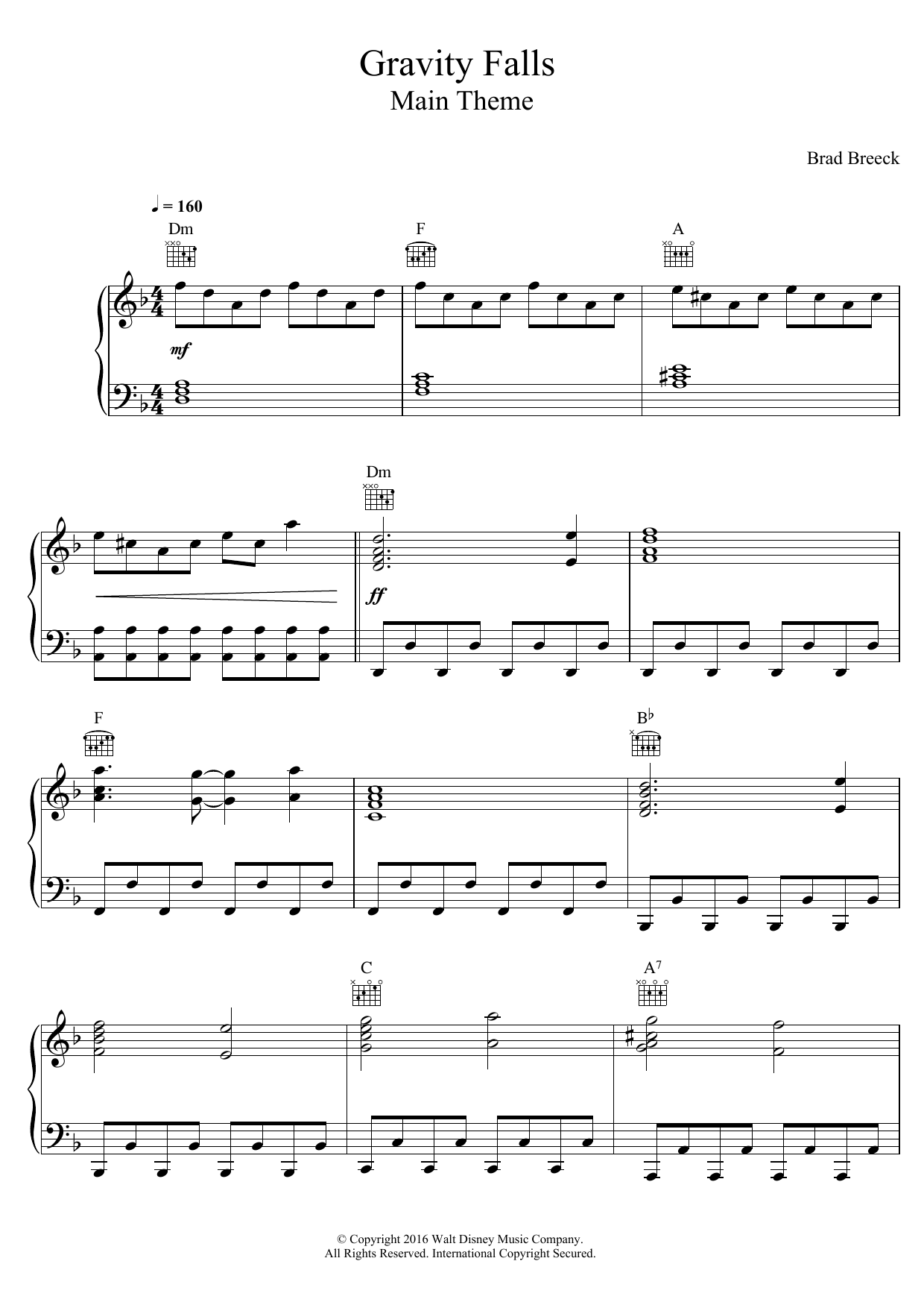 Gravity Falls (Main Theme) (Brad Breeck) | Sheet Music: Piano Solo ...