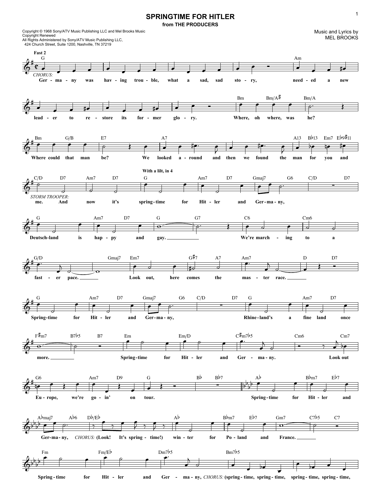 Springtime For Hitler (Mel Brooks) | Sheet Music: Lead Sheet / Fake ...