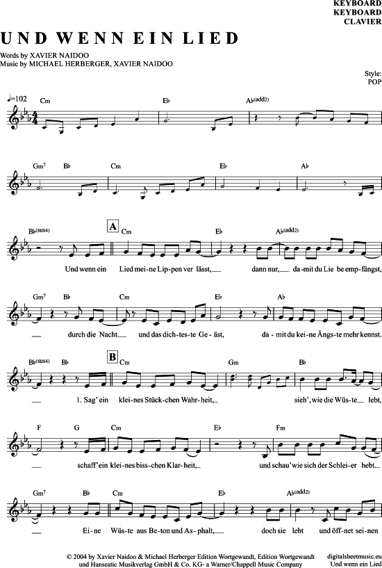Und wenn ein Lied sheet music by Söhne Mannheims 7060395 notendownload