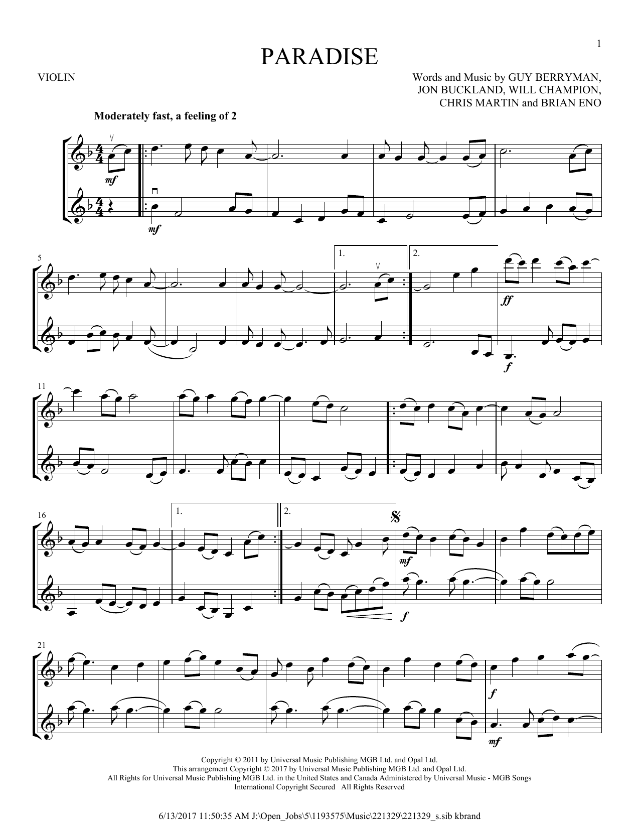 Paradise (Coldplay) | Sheet Music: Violin Duet | PDF Download