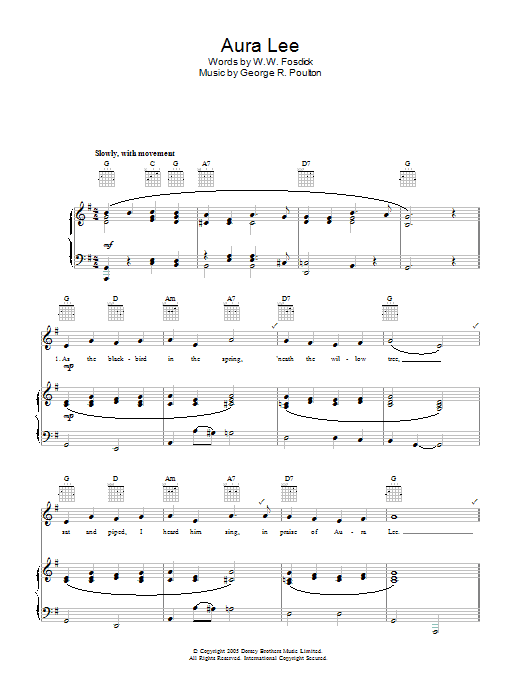 Aura Lee (George R. Poulton) | Sheet Music: Piano, Vocal & Guitar ...