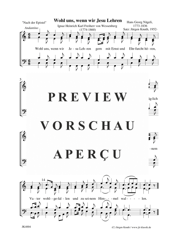 Wohl uns, wenn wir Jesu Lehren - Noten von Hans Georg Nägeli - JK4004 ...