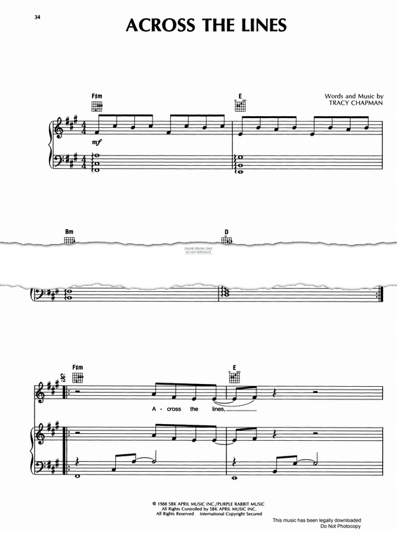 Across The Lines sheet music by Tracy Chapman fbd40272 notendownload