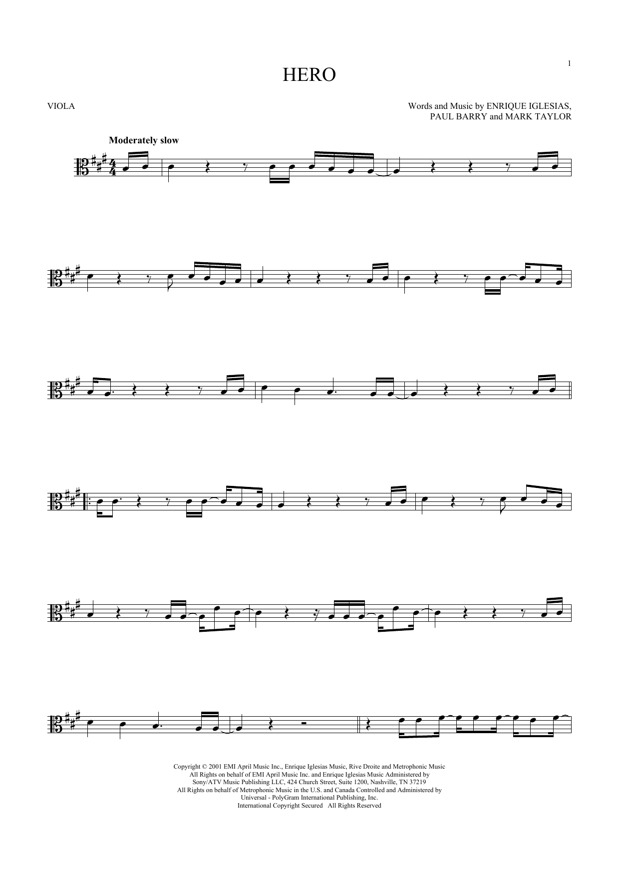 Hero (Enrique Iglesias) | Sheet Music: Viola Solo | PDF Download